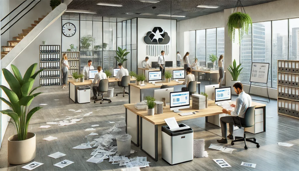 DALL·E 2024 07 10 11.23.52 A modern office in transition to becoming paperless. The scene includes desks with monitors tablets and digital devices but also some papers and do