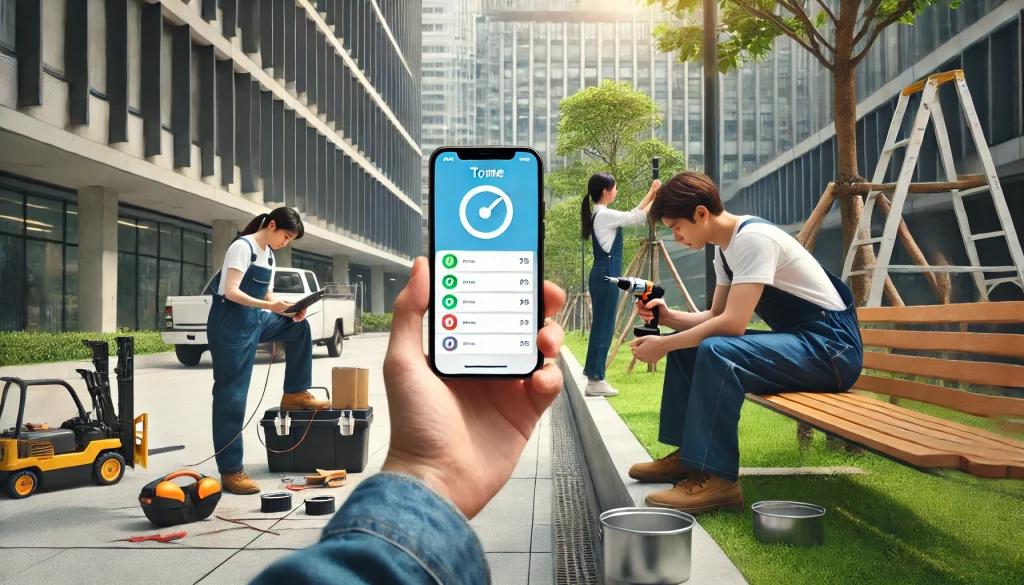 DALL·E 2024 07 10 11.50.03 A scene outside an office building with three people in work overalls. One person is looking at a smartphone displaying a task management app. The oth