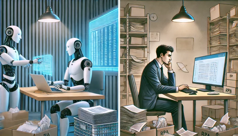 DALL·E 2024 07 11 13.33.37 A side by side comparison of robotic process automation RPA versus human performing a repetitive process. On the left side depict a sleek futurist