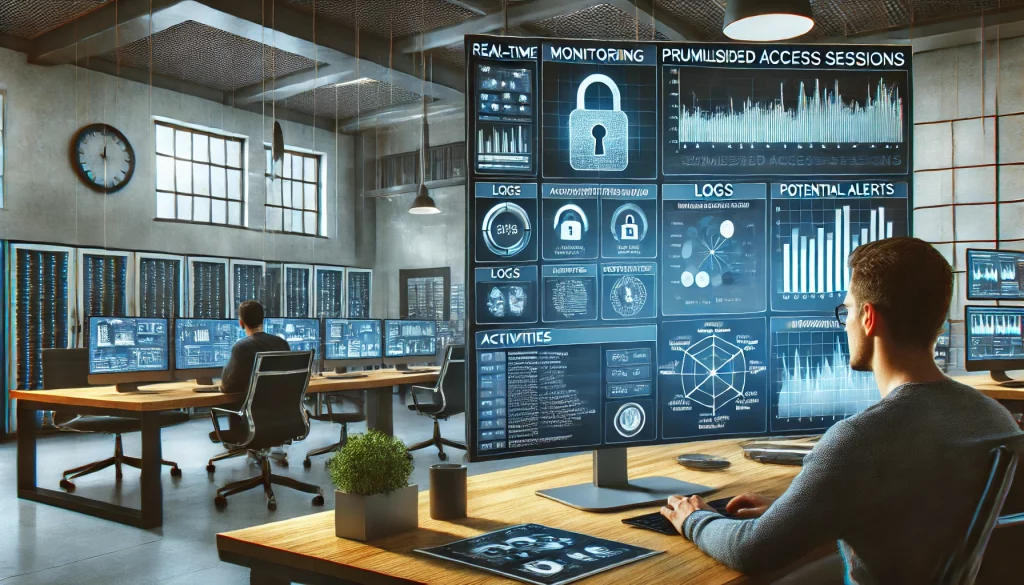 DALL·E 2024 07 13 12.02.17 A user interface showing real time monitoring of privileged access sessions including graphs logs and alerts highlighting activities and potential