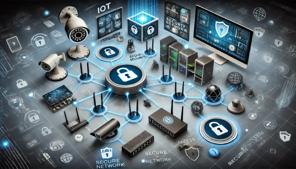 DALL·E 2024 07 13 12.05.03 A scene showing various IoT devices such as smart cameras sensors and routers connected in a network. The connections are highlighted and lead to a