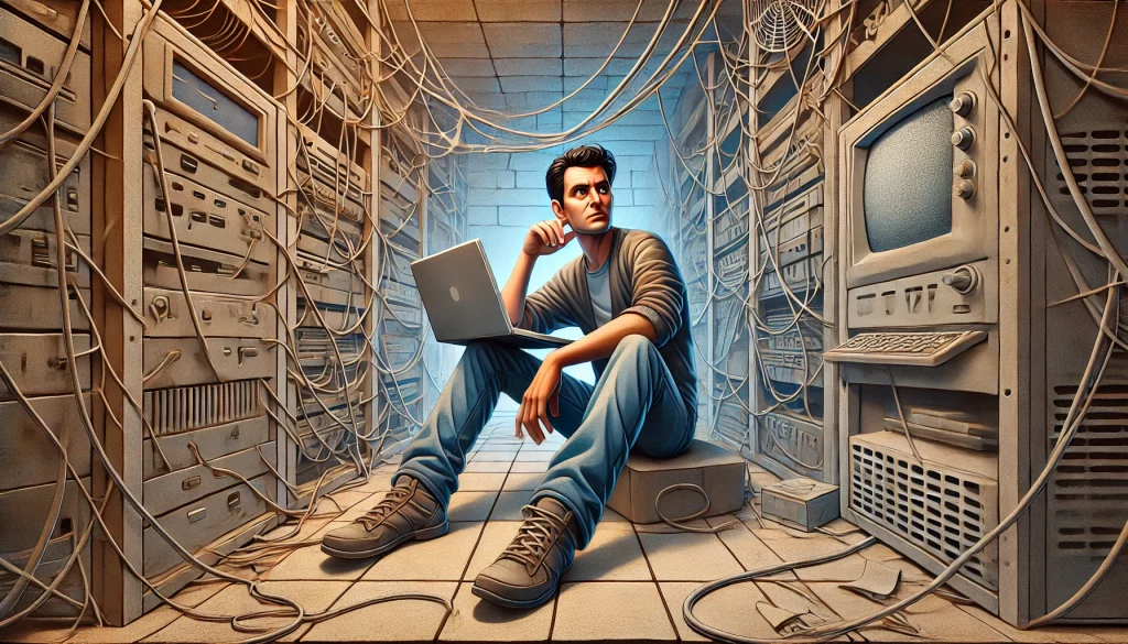 DALL·E 2024 07 22 13.31.45 A stylized scene of a man sitting on the floor with a laptop on his lap looking thoughtful viewed from a farther distance. He is in front of an old