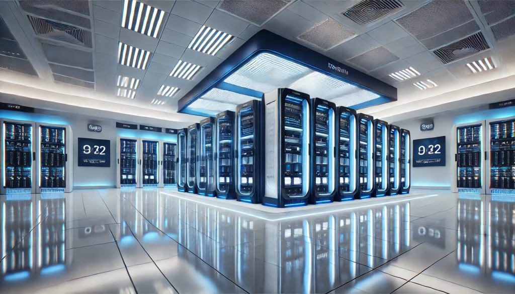 dalle 2024 07 22 13 08 10 a high tech modern server room with sleek new servers and storage units the room is brightly lit with blue and white led lights the servers are arr