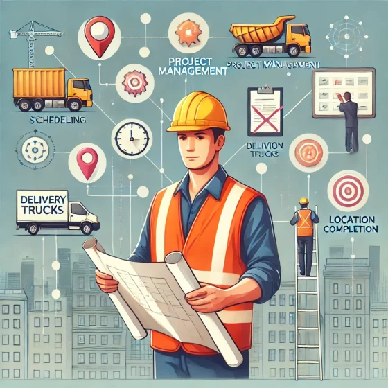 DALL·E-2024-07-11-12.16.00-A-digital-illustration-depicting-project-management-in-construction.-The-central-figure-is-a-construction-worker-wearing-an-orange-vest-and-yellow-har.webp